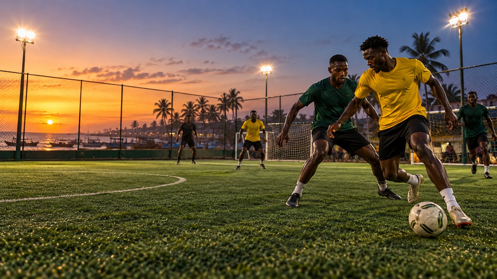 Illustration d’un match de foot à 5 entre amis au coucher du soleil au Sénégal